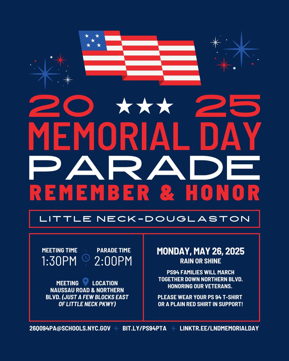 PTA of PS94Q (@ptaofps94q) on Twitter photo The PTA of PS94 invites you to come out to remember & honor our veterans by marching with other PS94 families on Monday, May 26, 2025 (Rain or Shine!) in the Little Neck-Douglaston Memorial Day Parade! buff.ly/6qxRnsu
<a href="/PS94DavidPorter/">PS94 David D Porter</a> <a href="/94QDavidDPorter/">Laura Avakians</a> The PTA of PS94 invites you to come out to remember & honor our veterans by marching with other PS94 families on Monday, May 26, 2025 (Rain or Shine!) in the Little Neck-Douglaston Memorial Day Parade! buff.ly/6qxRnsu
<a href="/PS94DavidPorter/">PS94 David D Porter</a> <a href="/94QDavidDPorter/">Laura Avakians</a>