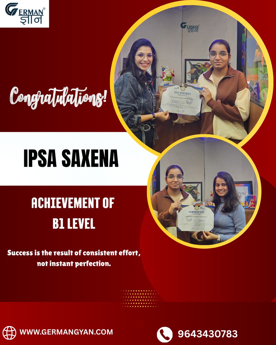 Germangyan04's tweet image. Congratulations to Ipsa Saxena for successfully achieving the B1 Level in German!
Your dedication and consistent hard work are truly inspiring.

#GermanGyan #B1LevelGerman #GermanLanguageSuccess #StudentAchievement #LearnGerman #GermanClasses #GermanCoaching