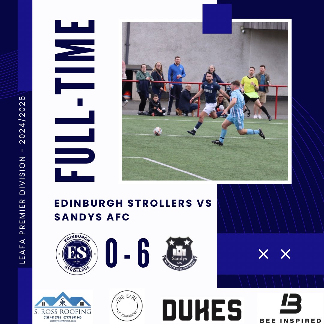 Edinburgh Strollers (@edinstrollersfc) on Twitter photo FT RESULT: Edinburgh Strollers 0-6 <a href="/AfcSandys/">Sandys Afc</a>
Disappointing way to end our league campaign, despite a heavily depleted squad. Congratulations <a href="/AfcSandys/">Sandys Afc</a> on winning the league.
<a href="/LeafaOfficial/">Official_LEAFA</a> <a href="/scottish_aff/">AmateurFixturesResultsSCO</a>
Sponsors:
Dukes
Earl of Marchmont
S Ross Roofing
<a href="/beeinspired/">Bee Inspired Clothing</a>
🔵⚪️🔵⚪️ FT RESULT: Edinburgh Strollers 0-6 <a href="/AfcSandys/">Sandys Afc</a>
Disappointing way to end our league campaign, despite a heavily depleted squad. Congratulations <a href="/AfcSandys/">Sandys Afc</a> on winning the league.
<a href="/LeafaOfficial/">Official_LEAFA</a> <a href="/scottish_aff/">AmateurFixturesResultsSCO</a>
Sponsors:
Dukes
Earl of Marchmont
S Ross Roofing
<a href="/beeinspired/">Bee Inspired Clothing</a>
🔵⚪️🔵⚪️