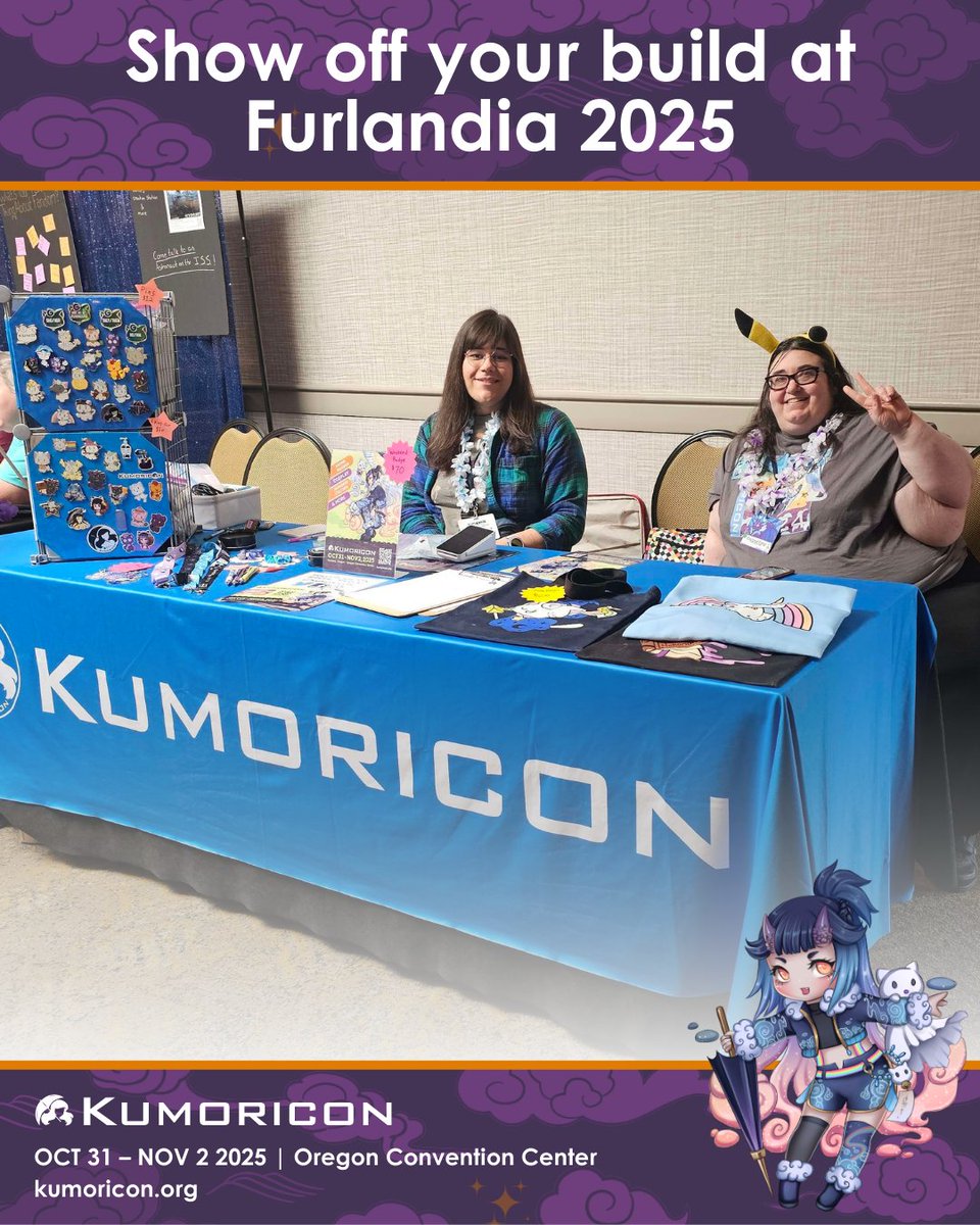 Furlandia 2025 has begun and #TeamKumo is here! Make sure to stop by our booth outside of main events in the Mt Hood Foyer. We’re there to learn more about anthropomorphic arts and talk about Kumoricon. Pickup some merch or get a discounted membership for Kumo while you are here!