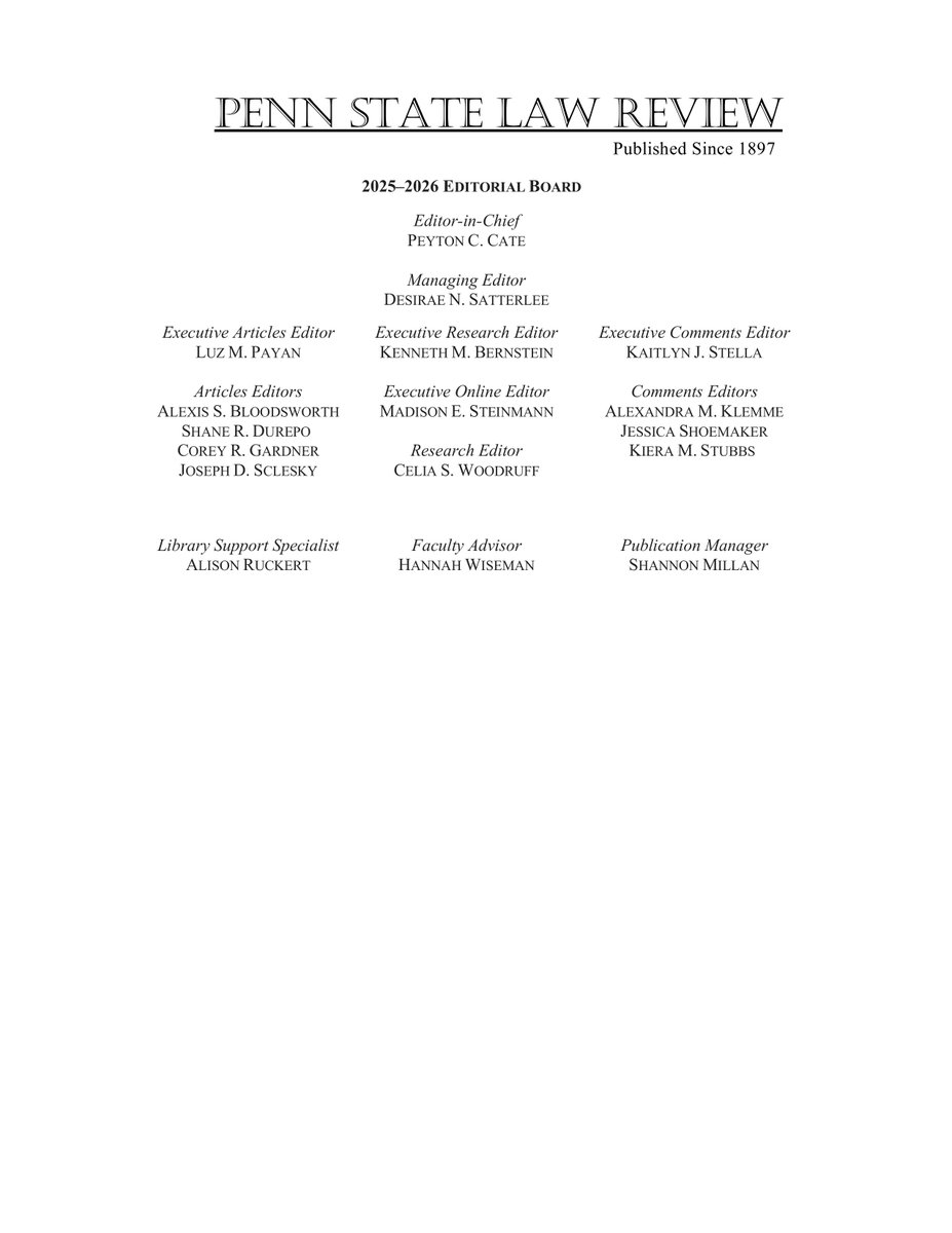 PennStLRev's tweet photo. Penn State Law Review is thrilled to announce our incoming Editorial Board. We are excited to see where the new Board takes us, and we cannot wait to see the articles published in Volume 130. Congratulations to all! https://t.co/MaDuegx9tP