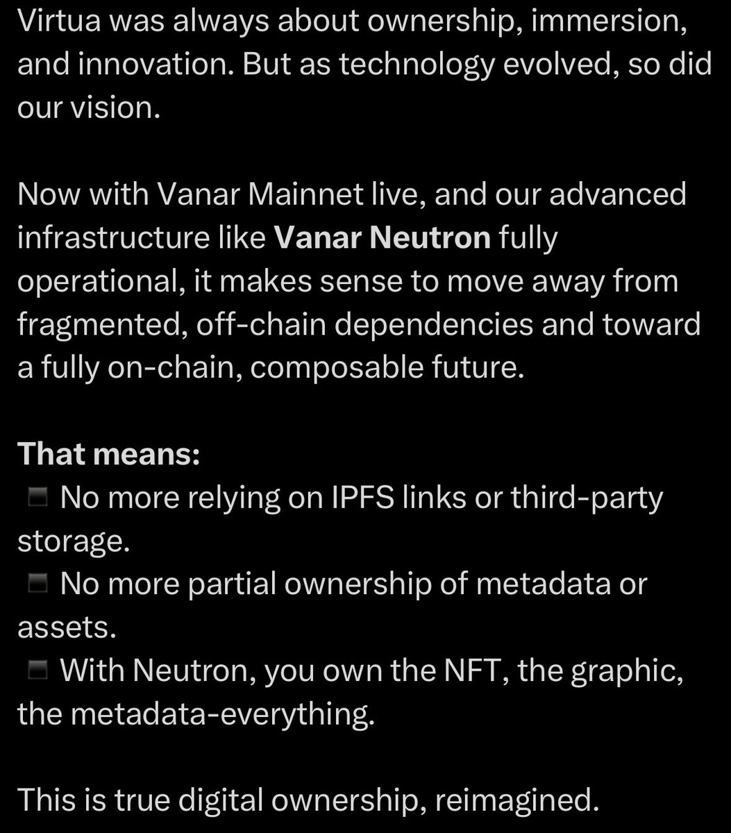 Bullish.

<a href="/VirtuaMetaverse/">Virtua</a> going fully on chain with <a href="/Vanarchain/">Vanar</a> 

$VANRY