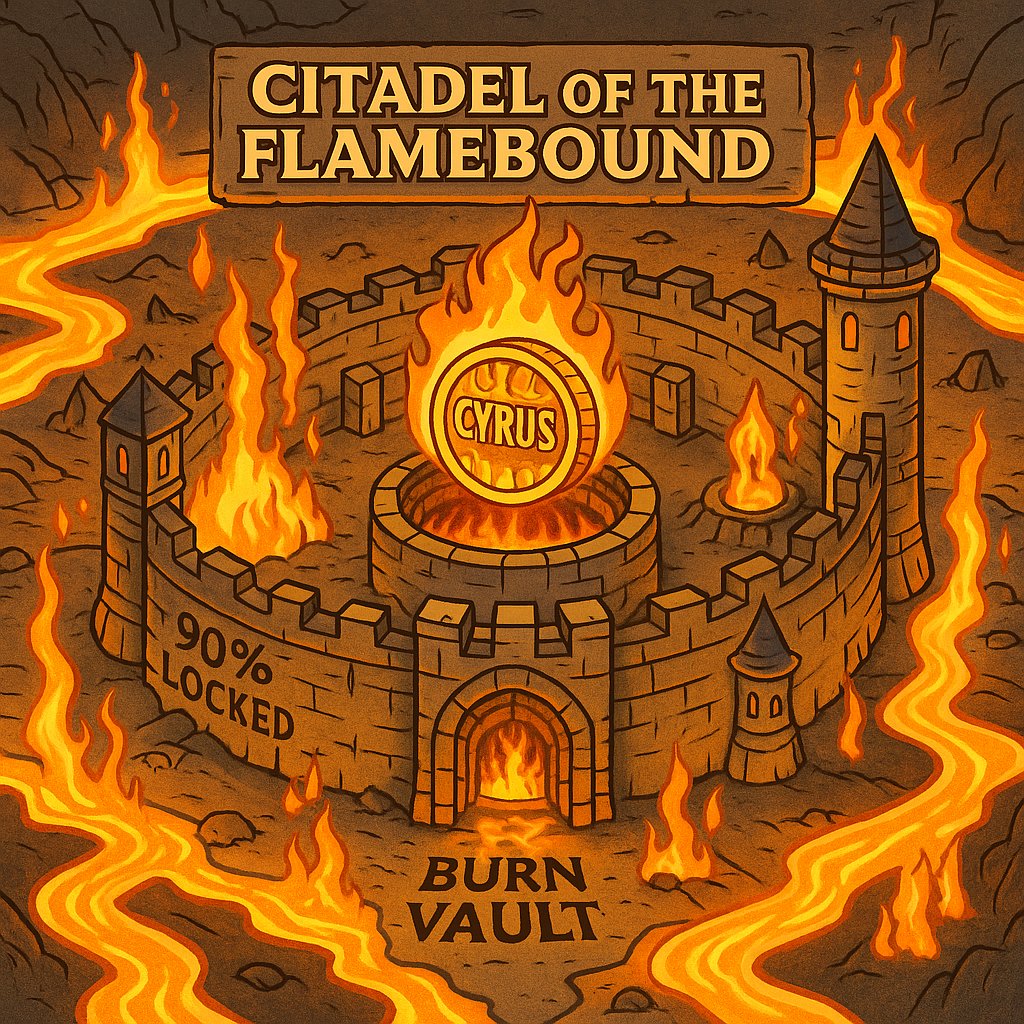Cyrusmemecoin's tweet photo. This is where it burned.
Where 90% was locked.
And the flame still roars.
The Citadel of the Flamebound protects the sacred fire of $CYRUS.
No one escapes with more than they brought.
#CyrusCoin #Solana #BurnMechanism #CryptoLore https://t.co/0jSBEhAgpi
