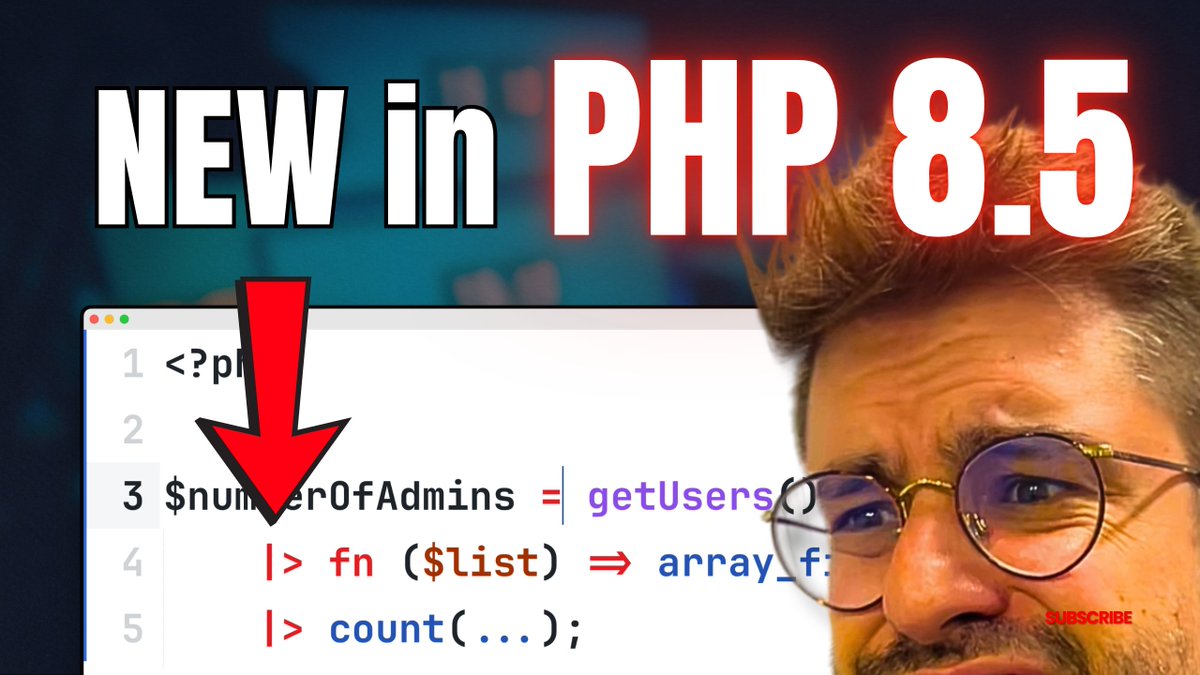 enunomaduro's tweet image. PHP 8.5 is going to be insane. Just posted a quick video where I go over the new pipe operator. I’m pretty hyped about it!
Check it out: youtu.be/mNWA0N2mCFM.