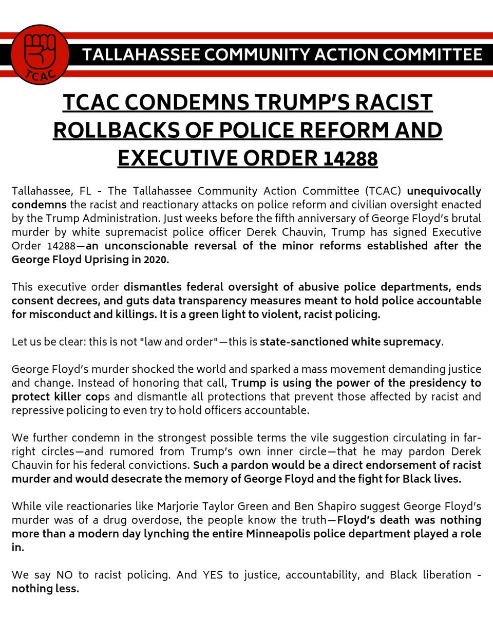 TCAC CONDEMNS TRUMP’S RACIST ROLLBACKS OF POLICE REFORM AND EXECUTIVE ORDER 14288: