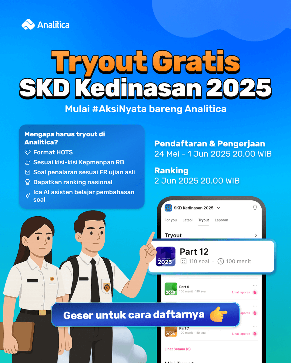 AnaliticaId's tweet photo. YOOO TRYOUT SKD KEDINASAN 2025 GRATIS! ✨

Siapa yang lagi belajar kedinasan udah nungguin to gratis dari Analitica ini? 😏 Yuk gas daftar aja!

📅 Pendaftaran &amp; Pengerjaan:
24 Mei - 1 Juni 2025 20.00 WIB

🎖️ Ranking Nasional:
2 Juni 2025 20.00 WIB

Daftarnya? Gampang aja kok 👇 https://t.co/lykj0rWBLu