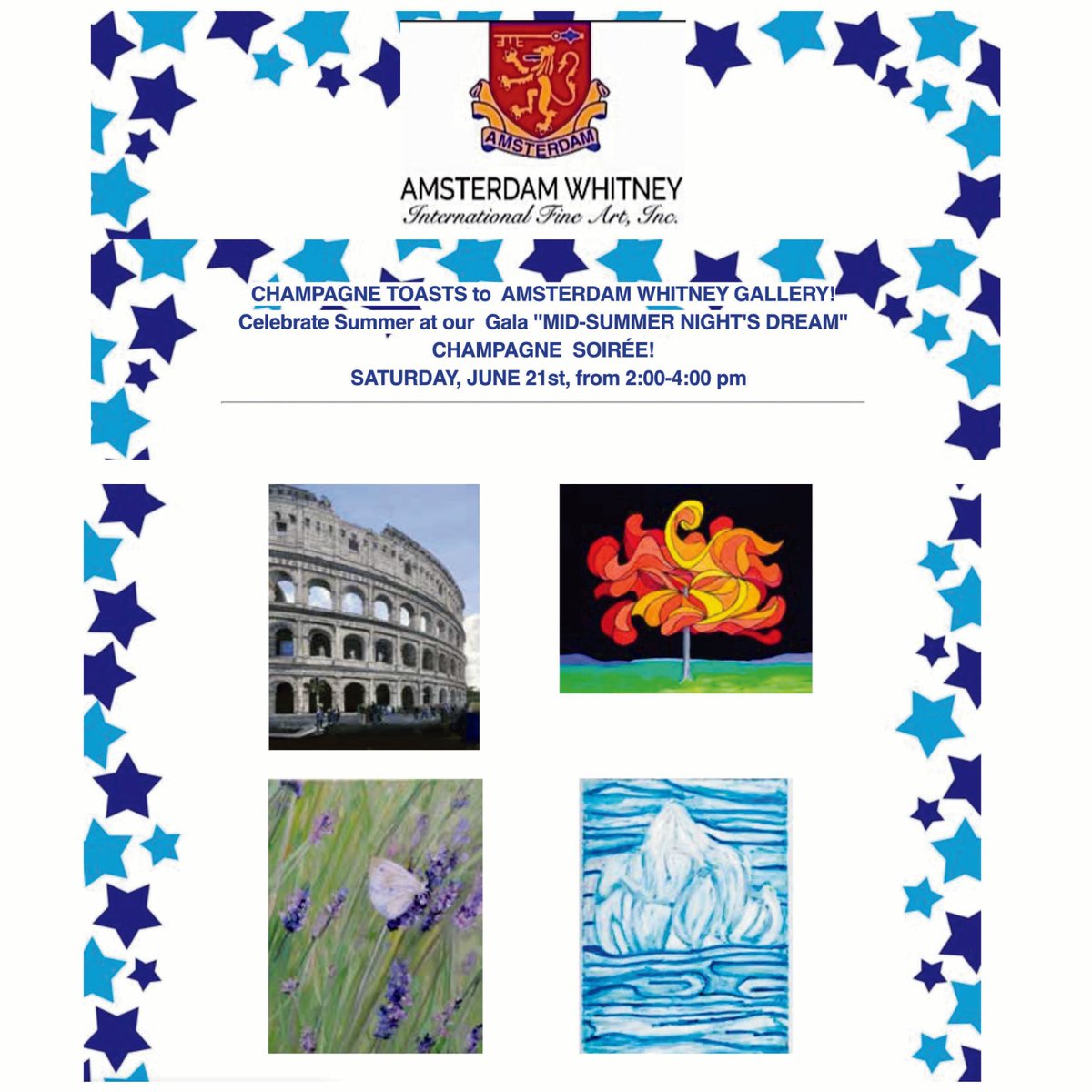 AmsterdamWhitny's tweet image. CHAMPAGNE TOASTS to AMSTERDAM WHITNEY GALLERY! Celebrate Summer at our Gala ''MID-SUMMER NIGHT'S DREAM'' CHAMPAGNE SOIRÉE!
SATURDAY, JUNE 21st, from 2:00-4:00 pm

#JUNE21 #MidSummerNightsDream #GalleryOpening #ChampagneToasts #FathersDayJune15 #EngagementGifts #ChelseaCollectors'