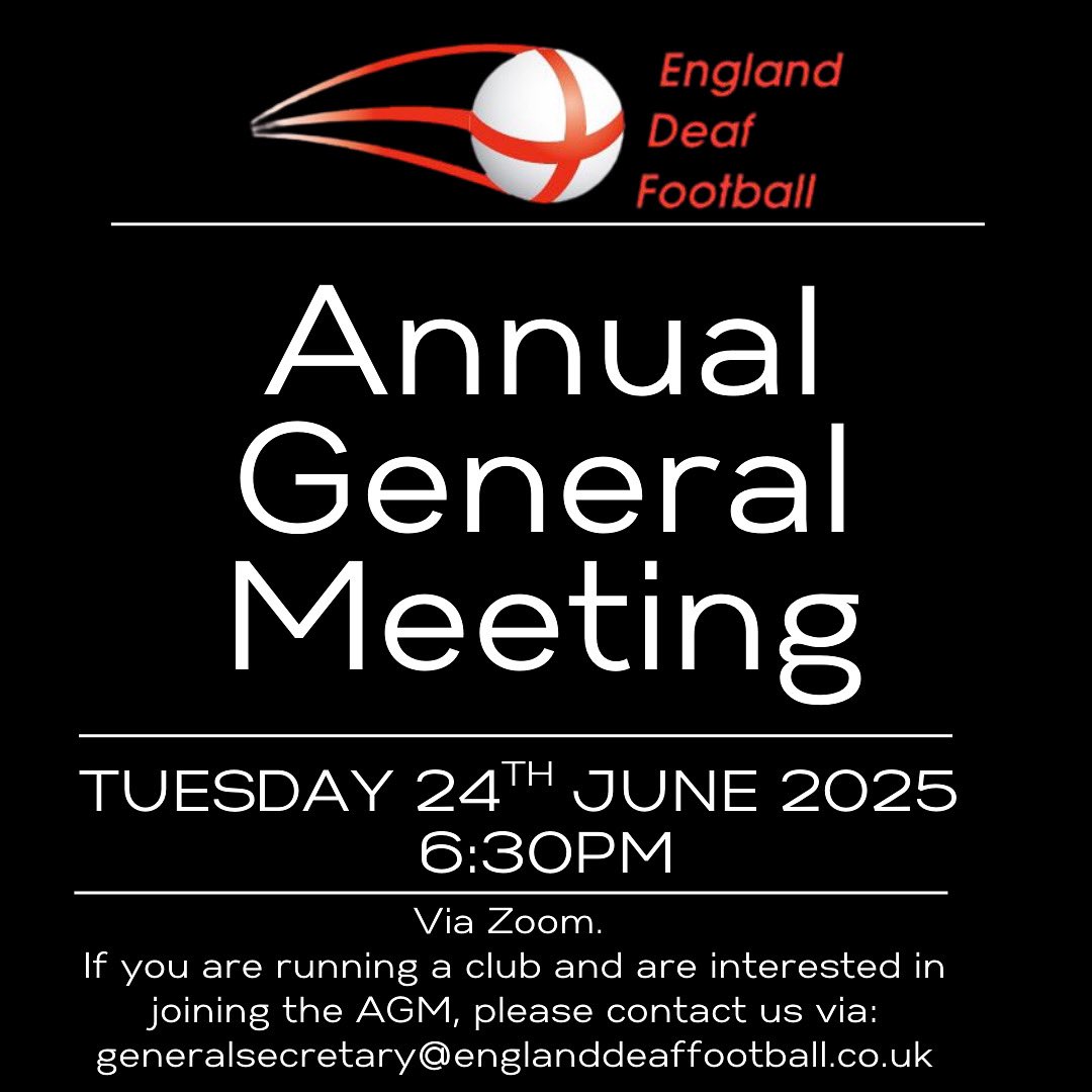 Annual General Meeting

Positions to be filled at the AGM:
Treasurer
Social Media Officer
Graphic Designer
Event Organisers

If you or someone in your club is interested in applying for any of these roles, please notify us in advance:
generalsecretary@englanddeaffootball.co.uk
