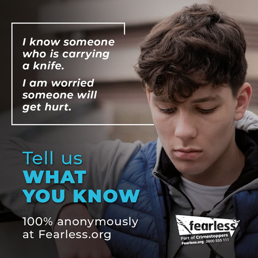 🚨 Speak Up, Save Lives 🚨

If you see or know someone carrying a knife, report it. Your actions can save lives. Let's make our communities safer together.

📞 Contact Crimestoppers anonymously: 0800 555 111 #StopKnifeCrime #CommunitySafety #SpeakUp