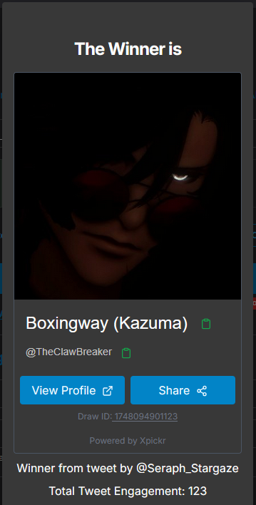 (im a day late, sorry!)
But here are the winners! Congrats~
<a href="/OlinyanZ/">𝒪𝓁𝒾𝓋𝑒𝓇</a>   and <a href="/TheClawBreaker/">Boxingway (Kazuma)</a>  

I'll be reach out to you both shortly to talk about what you would like~

Thanks to everyone who participated!