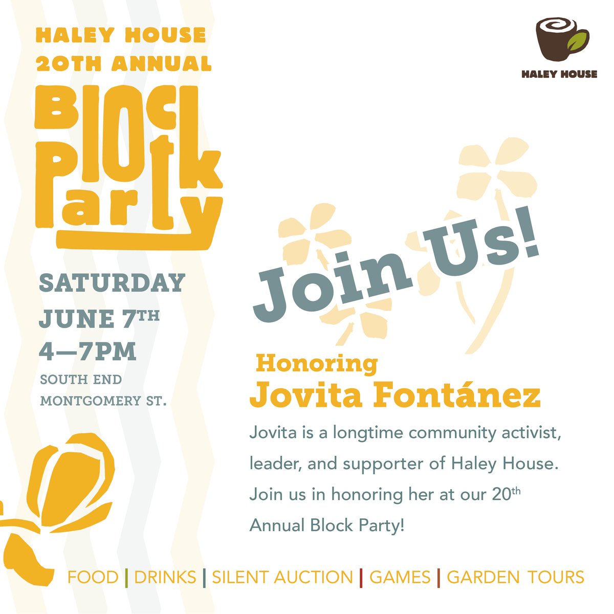 Join us for Haley House's 20th annual Block Party on June 7th! You can get tickets and sign up for our silent auction at wedoauctions.com/app/public/bid…. Stay tuned to hear more about what this Block Party has in store! We can't wait to see you on Montgomery Street in just two weeks!