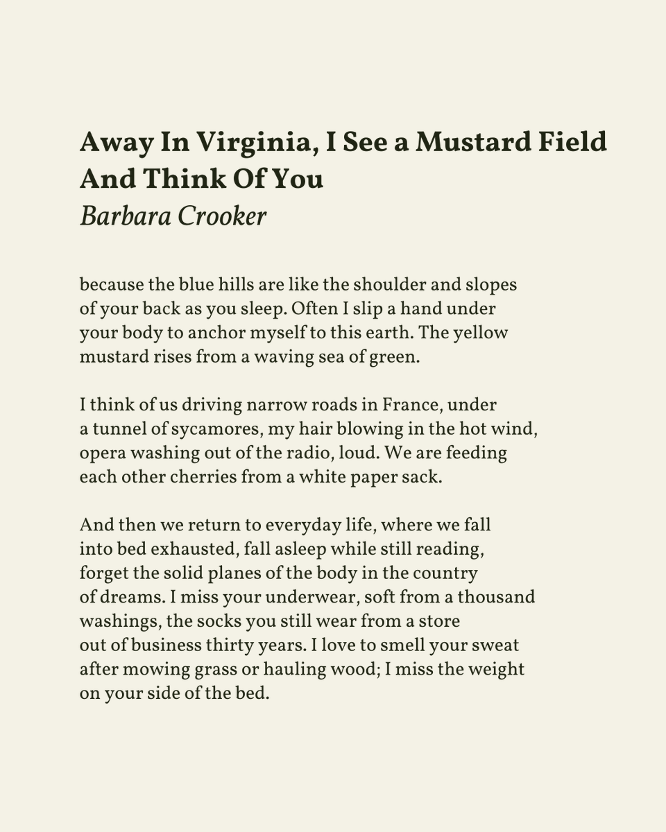 “I miss your underwear, soft from a thousand / washings, the socks you still wear from a store / out of business thirty years.”

— Barbara Crooker

.
.
.

This poem appeared in the Radience by Barbara Crooker, published by Word Press, 2005. Shared here with deep gratitude.