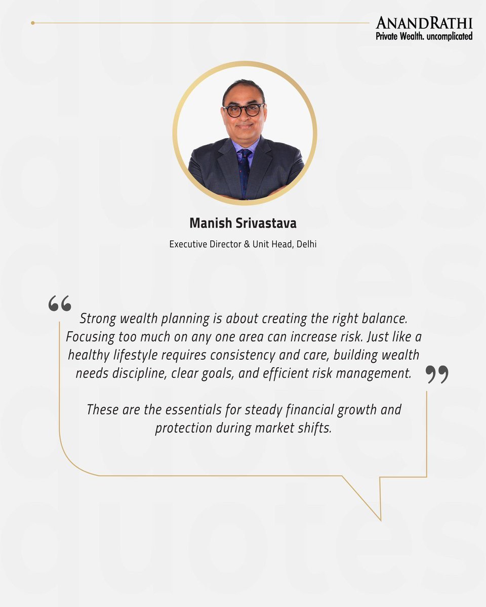 Manish Srivastava, our Executive Director &amp; Unit Head, Delhi, shares a simple truth just like a balanced diet keeps your body healthy, a well-diversified and disciplined portfolio safeguards your wealth. Risk awareness is key to long-term financial strength.
📈 Is your portfolio