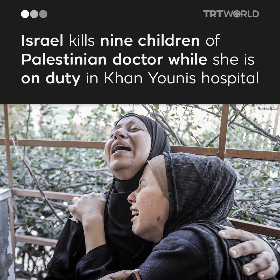 trtworld's tweet photo. Israeli army kills nine children of Palestinian doctor Alaa al Najjar while she was on duty in southern Gaza as Hamas accuses Israel of systematically targeting medical staff and their families
🔗 https://t.co/3L3ttMvLmd https://t.co/HIJEdUssB5