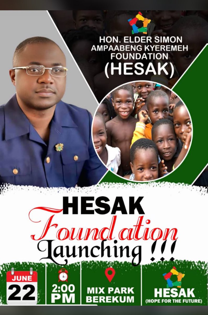 Simon_Ampaabeng's tweet photo. On June 22, we launched the Hon. Elder Simon Ampaabeng Kyeremeh Foundation (HESAK) a dream born out of love for community and commitment to our future. HESAK stands for Hope for the Future, and that future begins now. Grateful to all who joined us. #HESAK #BerekumRising https://t.co/LrRBc2ml0C