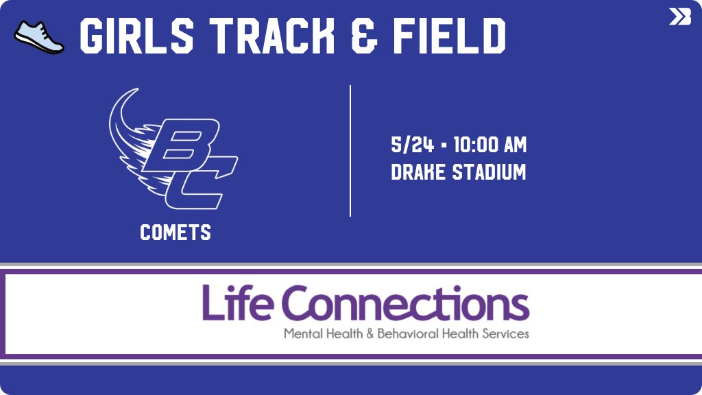 Girls Track &amp; Field (Varsity) Meet Day! - Check out the event preview for the Bellevue Comets. It starts at 10:00 AM and is at Drake Stadium Track. gobound.com/ia/ighsau/girl…