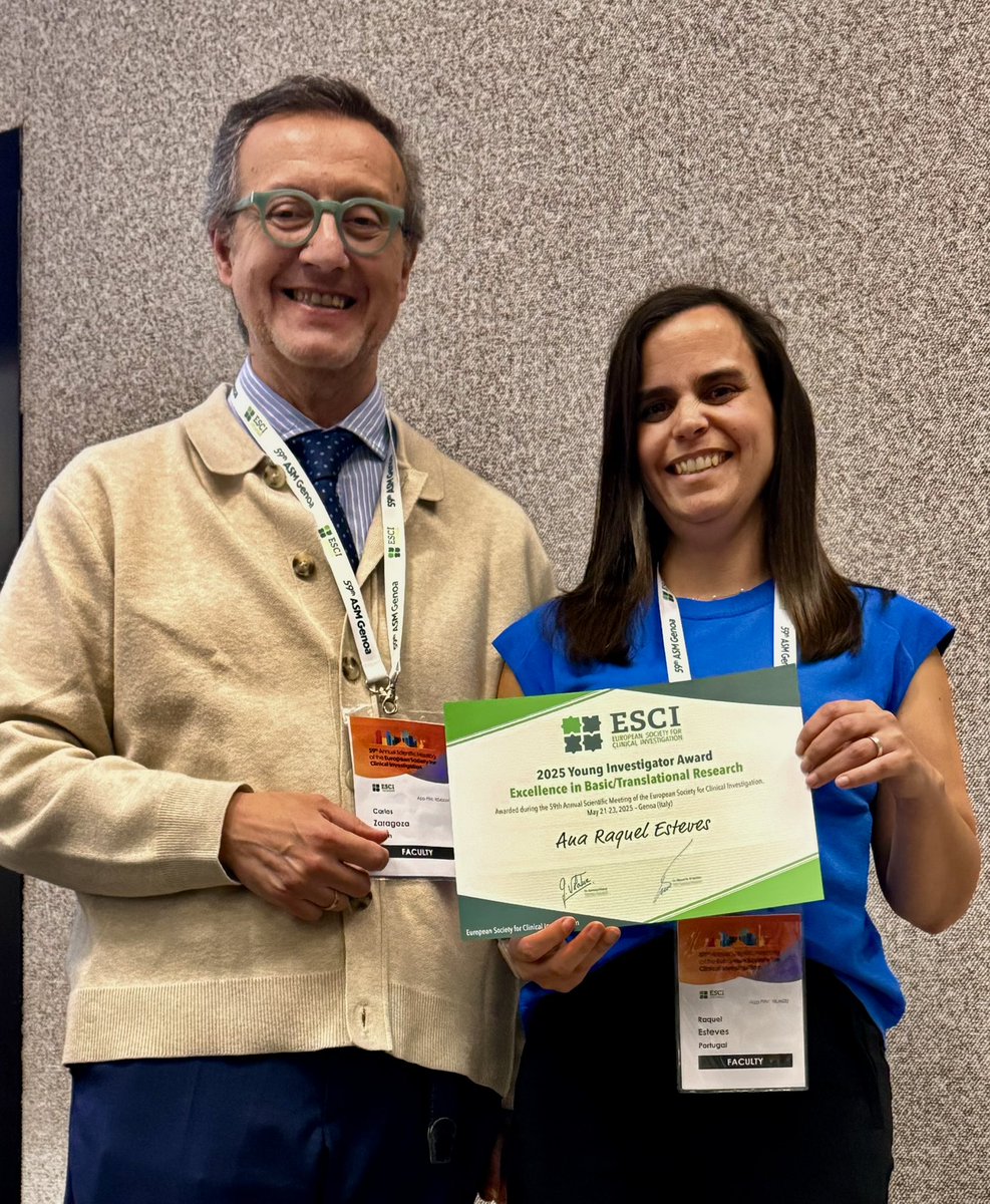 ESCI (@esci_society) on Twitter photo Ana Raquel Esteves receives the 2025 Young Investigator Clinical Award from Carlos Zaragoza, ESCI Councillor. 
Honouring rising talent in clinical research!
#asm2025 #esci Ana Raquel Esteves receives the 2025 Young Investigator Clinical Award from Carlos Zaragoza, ESCI Councillor. 
Honouring rising talent in clinical research!
#asm2025 #esci