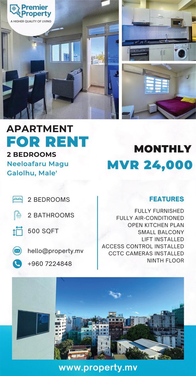 🏡 2 bedroom apartment in Neeloafaru Magu, Galolhu Male’.

* Floor Area: 500 sqft
* Rent: MVR 24,000/Month
* Security Deposit: 2 months

Lease Term: Minimum of 2 years

This 9th floor unit is well ventilated, provides natural light from all areas and comes fully furnished. The