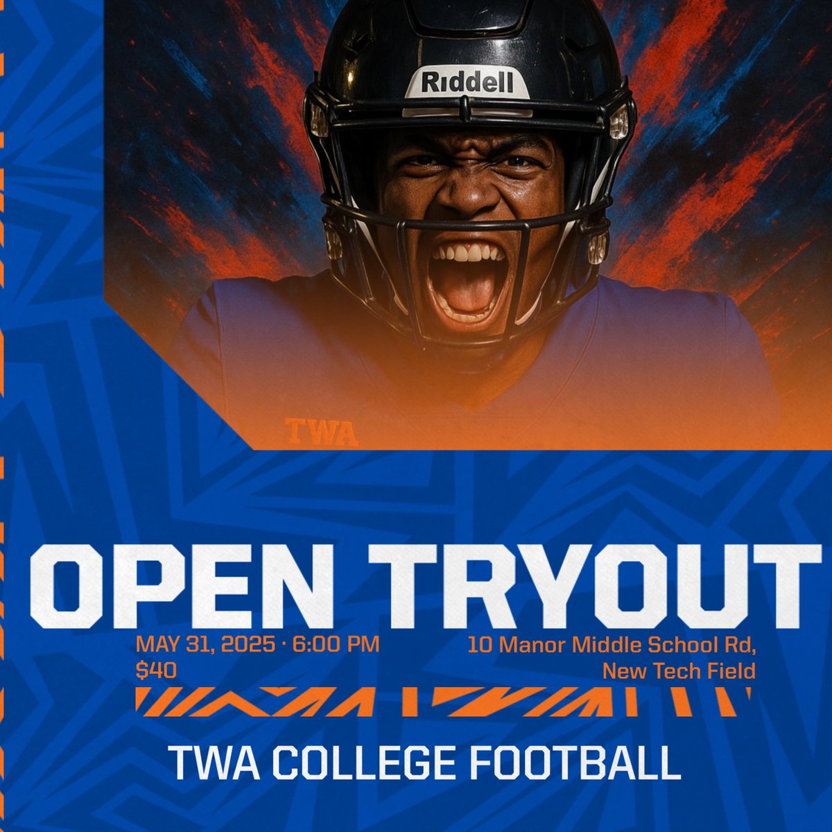 YOUR SECOND CHANCE STARTS HERE 

STILL DREAMING OF PLAYING FOOTBALL?

STILL DREAMING OF COLLEGE?

THIS IS YOUR MOMENT.

TWA FOOTBALL IS CALLING ALL PLAYERS - Whether you were are a college transfer or overlooked in high school

WE WANT YOU!