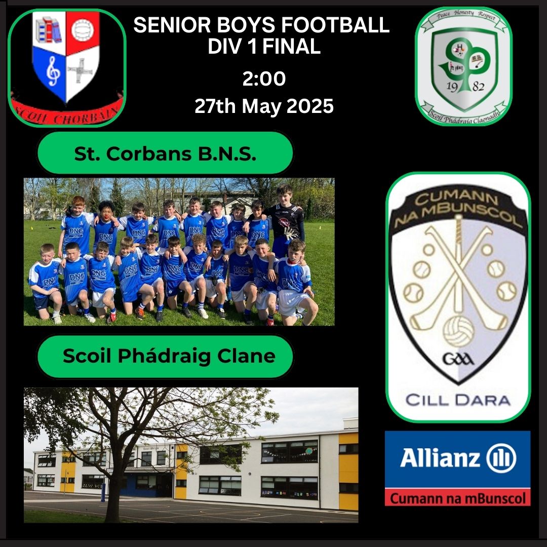 cumannchilldara's tweet photo. The first of the CnamB Chill Dara Summer Finals takes place Tues 27th and its set to be a classic between St.Corban's Naas and Scoil Phádraig Clane

Who will be crowned the Senior Boys Football Div 1 Winner
@ClaneGAA @NaasGAA @cnambnaisiunta @StCorbansBNS @AllianzIreland https://t.co/O6Tdk31JsF