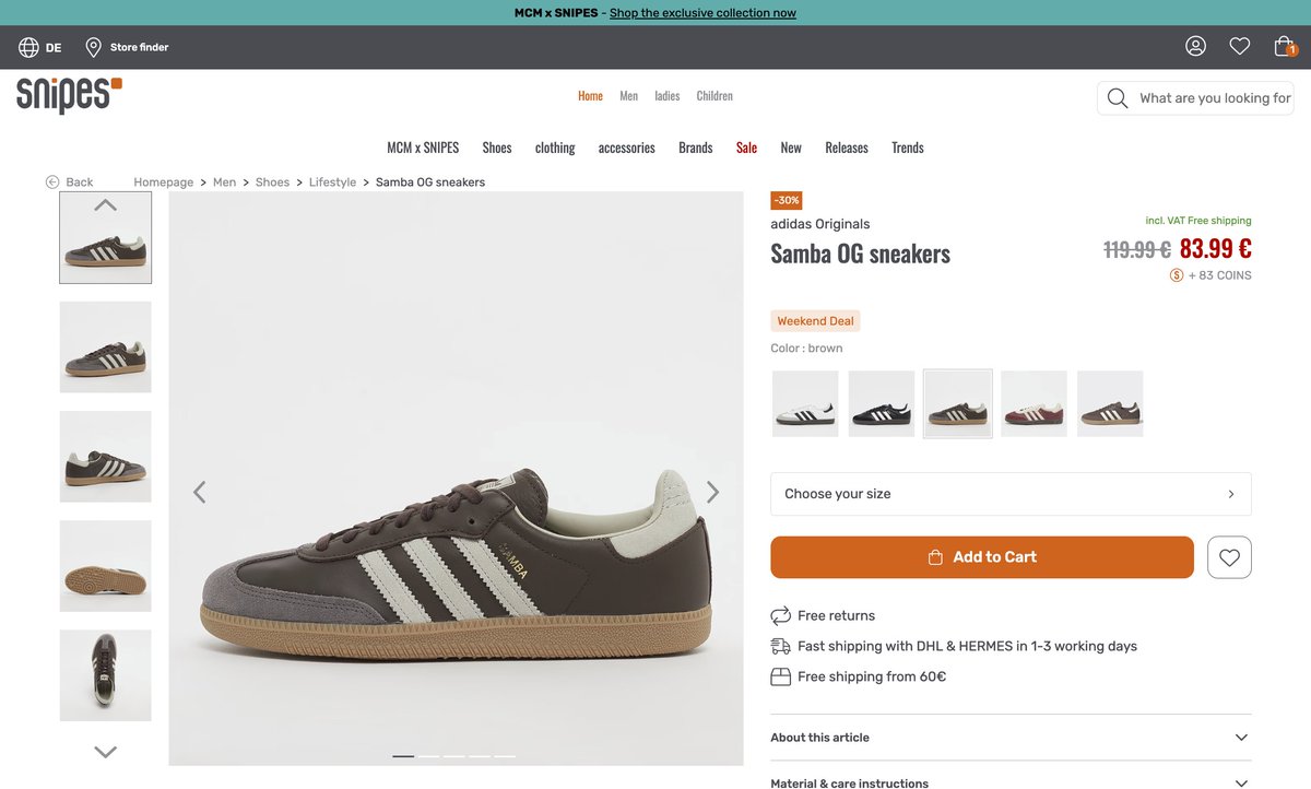 adidas Originals Samba OG Sneaker braun (ID1481) available on snipes

Link: soleback.me/gY39KTnCS2EV
Price: 83,99€🚨 ̶120€̶
Detail:: #adv
