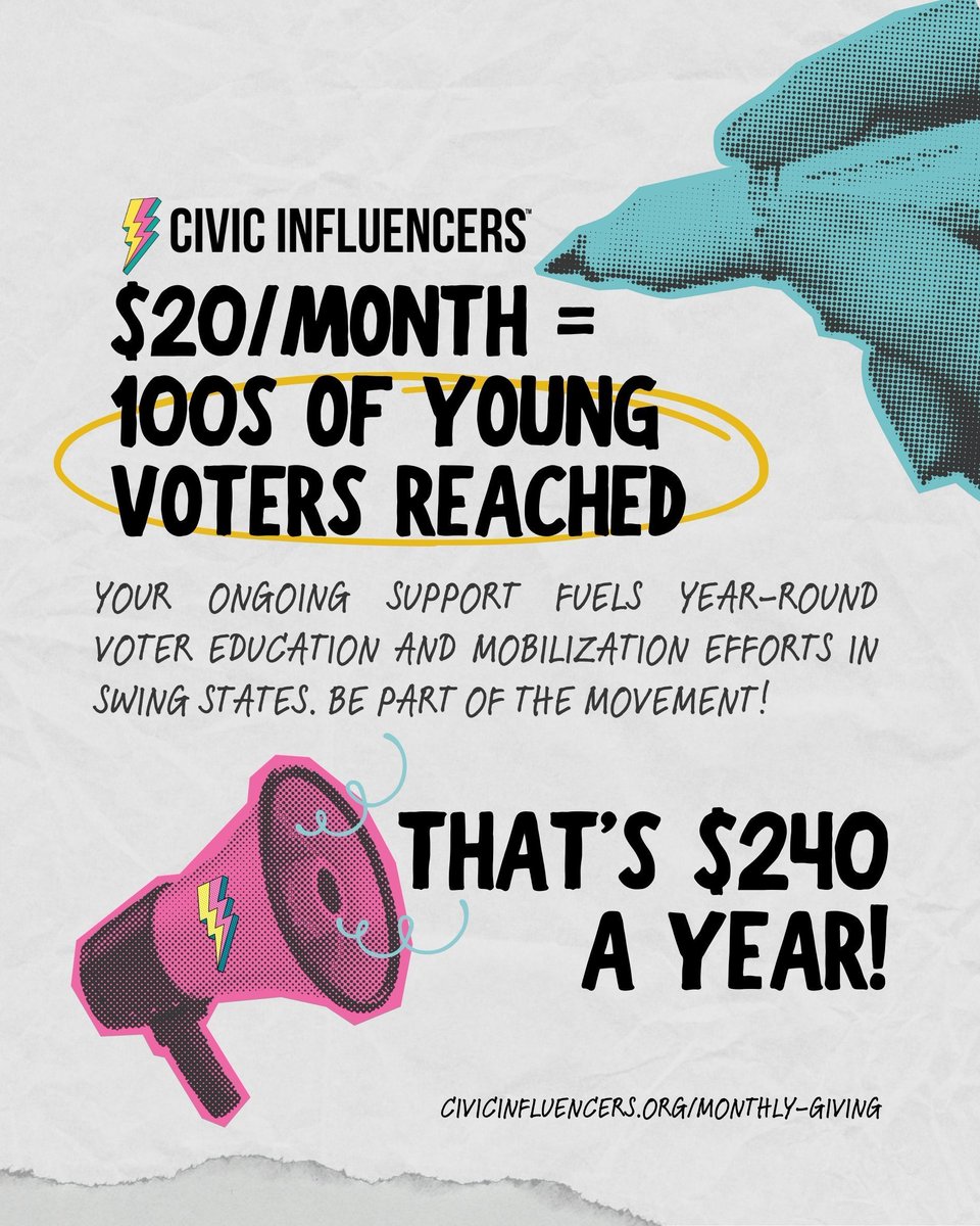 $20/month = $240/year💡

That’s enough to equip hundreds of young voters with registration materials!

Support our swing-state voter outreach:
[civicinfluencers.org/monthly-giving]
#GenZVotes #MonthlyGiving #DemocracyMatters