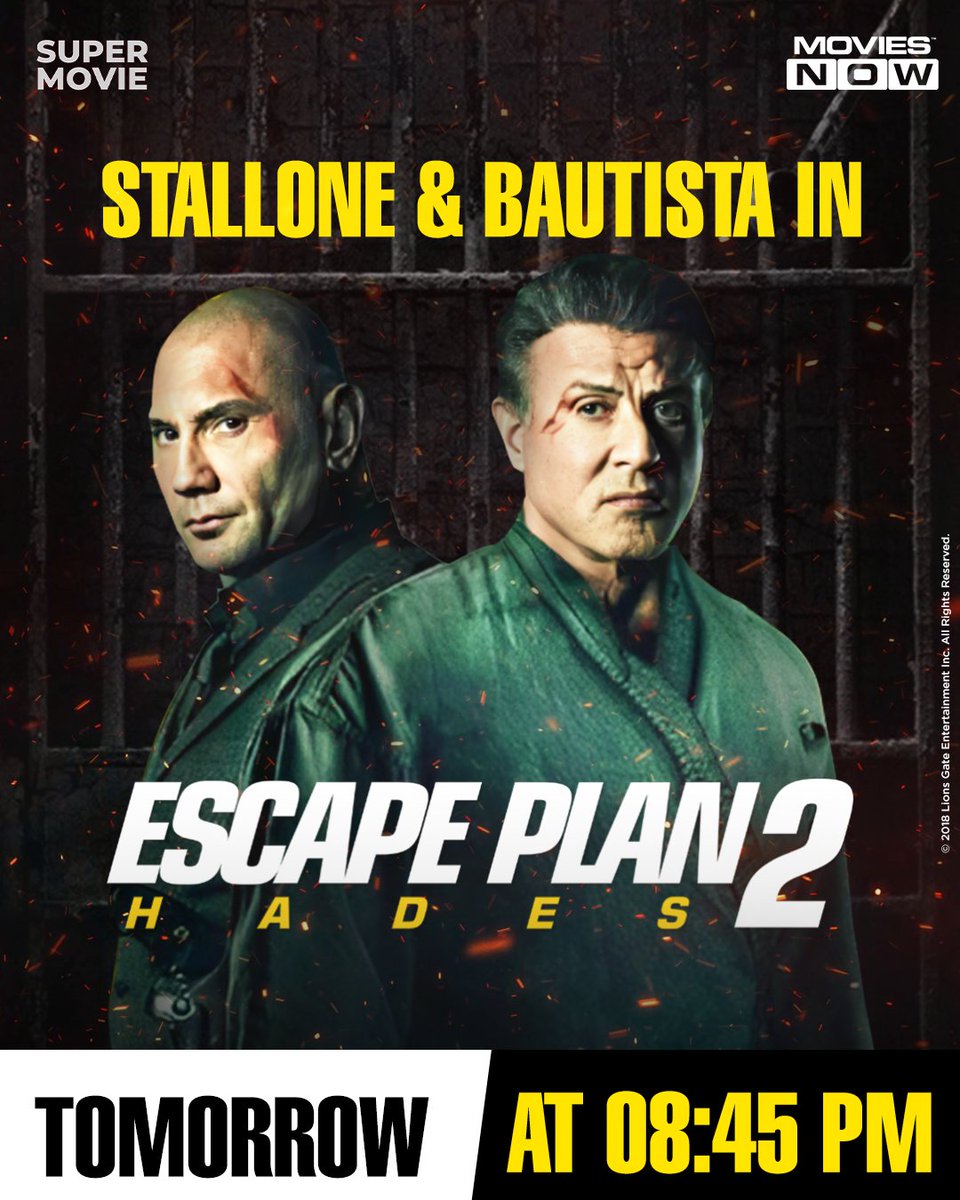 The greats are gonna grace your screen soon!
Gear up for some blockbuster fun. Only on Movies Now!

#EscapePlan2 #SylvesterStallone #DaveBautista #ActionMovieNight #MoviesNow

[Escape Plan 2, Sylvester Stallone, Dave Bautista, Action thrillers, Prison escape movie]