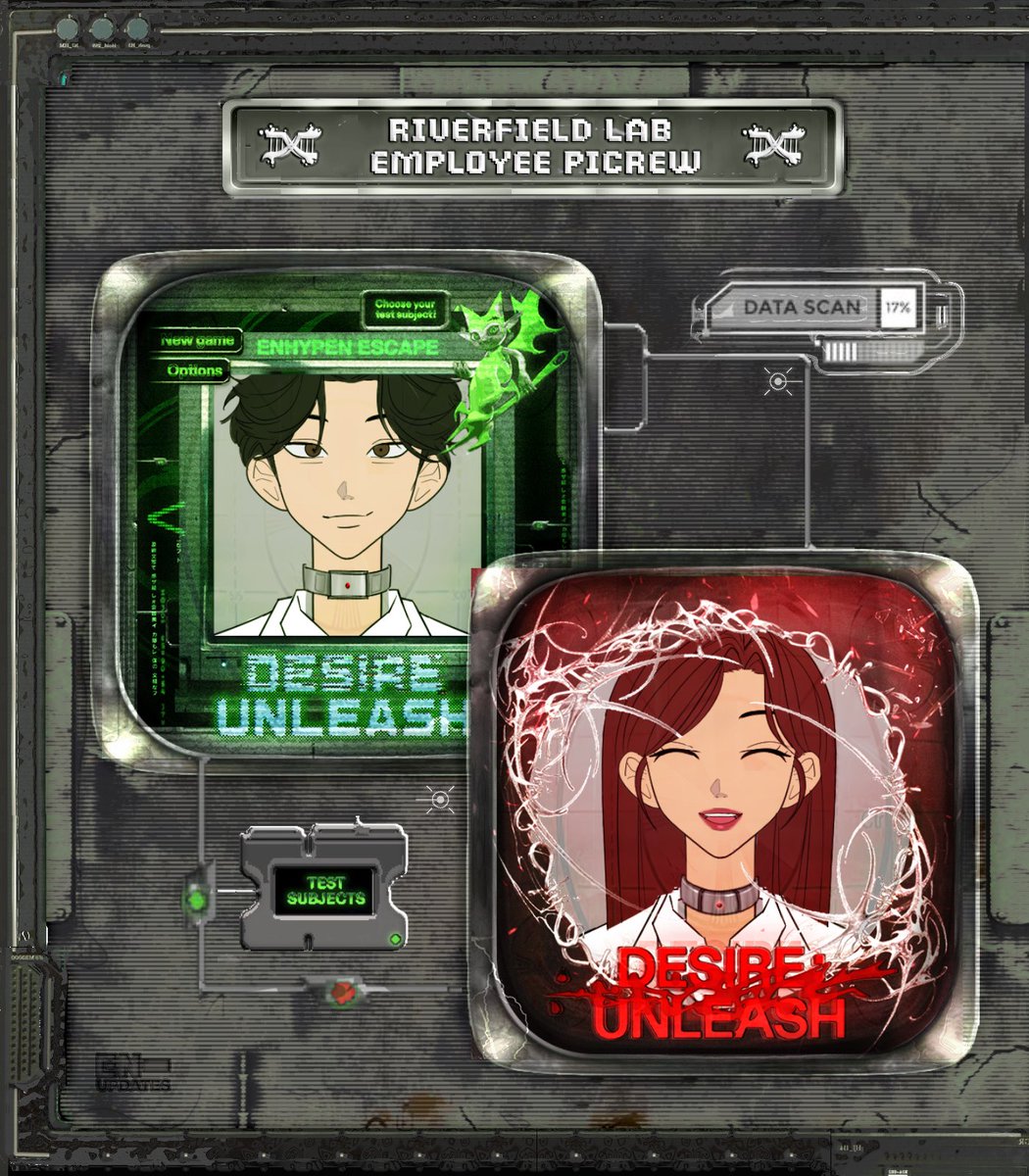 enhypenupdates's tweet image. UNLEASH YOUR DESIRE 💉🩸
╰➤ Riverfield Laboratory Employee Picrew &amp;amp; ID

ENGENEs, ENHYPEN is being held as test subjects—trapped, experimented on, and slowly slipping into shadow.

The mission: Infiltrate the lab. Save the seven vampires. Escape unseen.

But before we begin, you