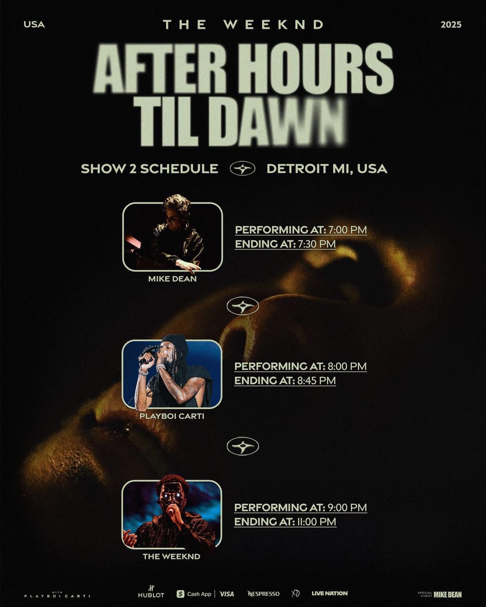 TONIGHT 🌅 | 24/5
#AfterHoursTilDawnTour 

📍 Ford Field, Detroit 🇺🇸
🪩 Mike Dean &amp; Playboi Carti
🛸 7pm (doors @ 5:30pm)

DETROIT! The greatest show on Earth returns for 2 back-to-back shows, starting tonight ❤️‍🔥 #AHTDDetroit