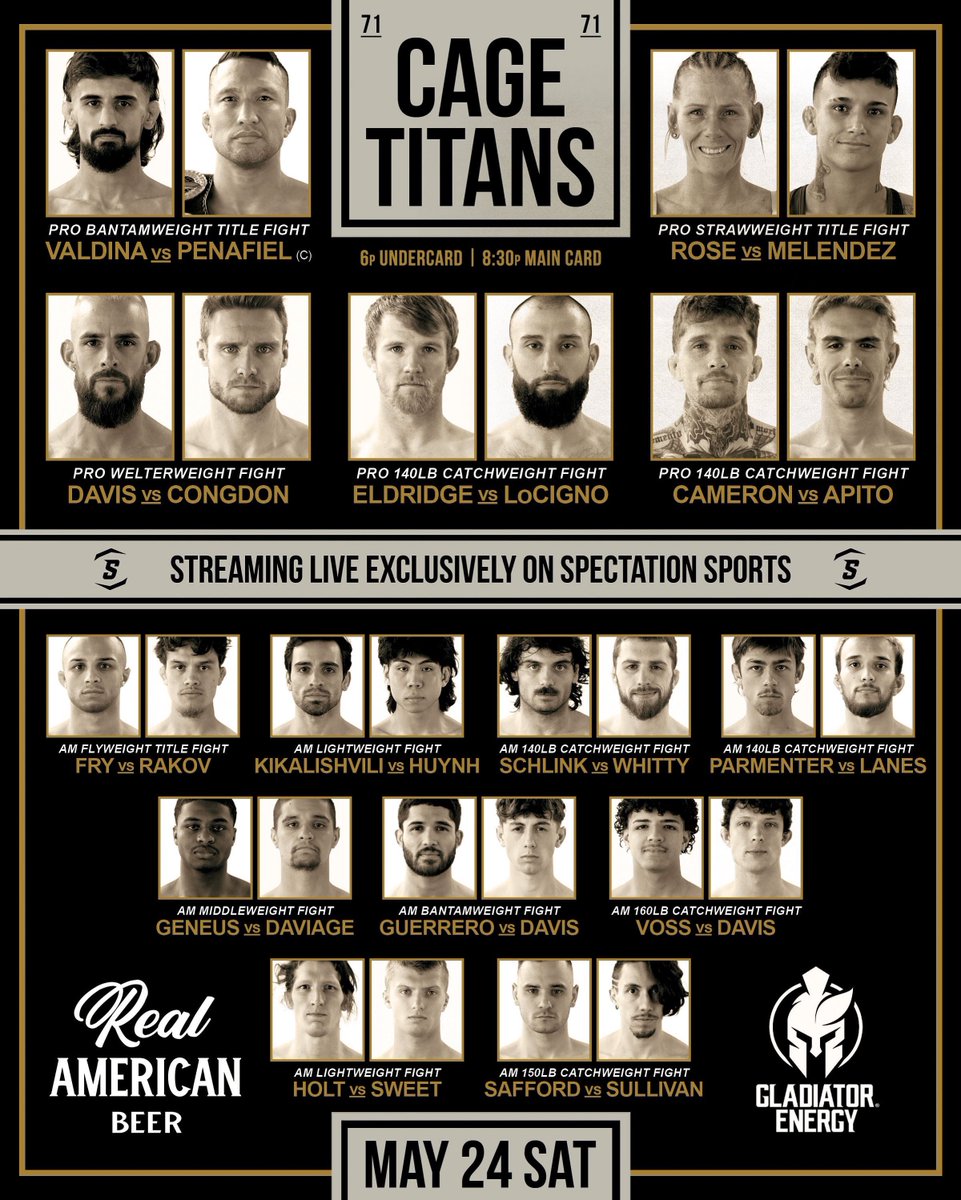 CageTitans's tweet photo. OFFICIAL CTFC 71 FIGHT CARD 👊

⭕️ your picks, share and tag back! 

[ #CTFC71 TONIGHT | @TicketTreeUS | Live On @SpectationNet ] https://t.co/MJYFP6WVFp