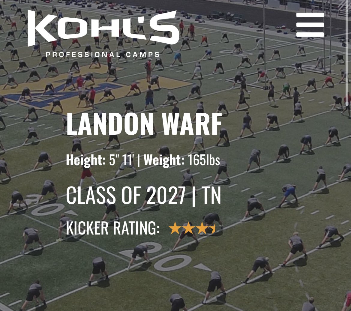 Landon Warf (@landon_warf) on Twitter photo Blessed to be ranked as a 3.5⭐️ kicker by <a href="/KohlsKicking/">Kohl's Kicking Camps</a>
<a href="/StewartsCreekFB/">Stewarts Creek Football</a> <a href="/CoachB_CAUDILL/">Ben Caudill</a> <a href="/wcsSHS_Recruit/">Coach Burnham</a> <a href="/CoachStarr_AP/">Matt Starr</a> <a href="/UprightKicking/">Upright Kicking</a> Blessed to be ranked as a 3.5⭐️ kicker by <a href="/KohlsKicking/">Kohl's Kicking Camps</a>
<a href="/StewartsCreekFB/">Stewarts Creek Football</a> <a href="/CoachB_CAUDILL/">Ben Caudill</a> <a href="/wcsSHS_Recruit/">Coach Burnham</a> <a href="/CoachStarr_AP/">Matt Starr</a> <a href="/UprightKicking/">Upright Kicking</a>