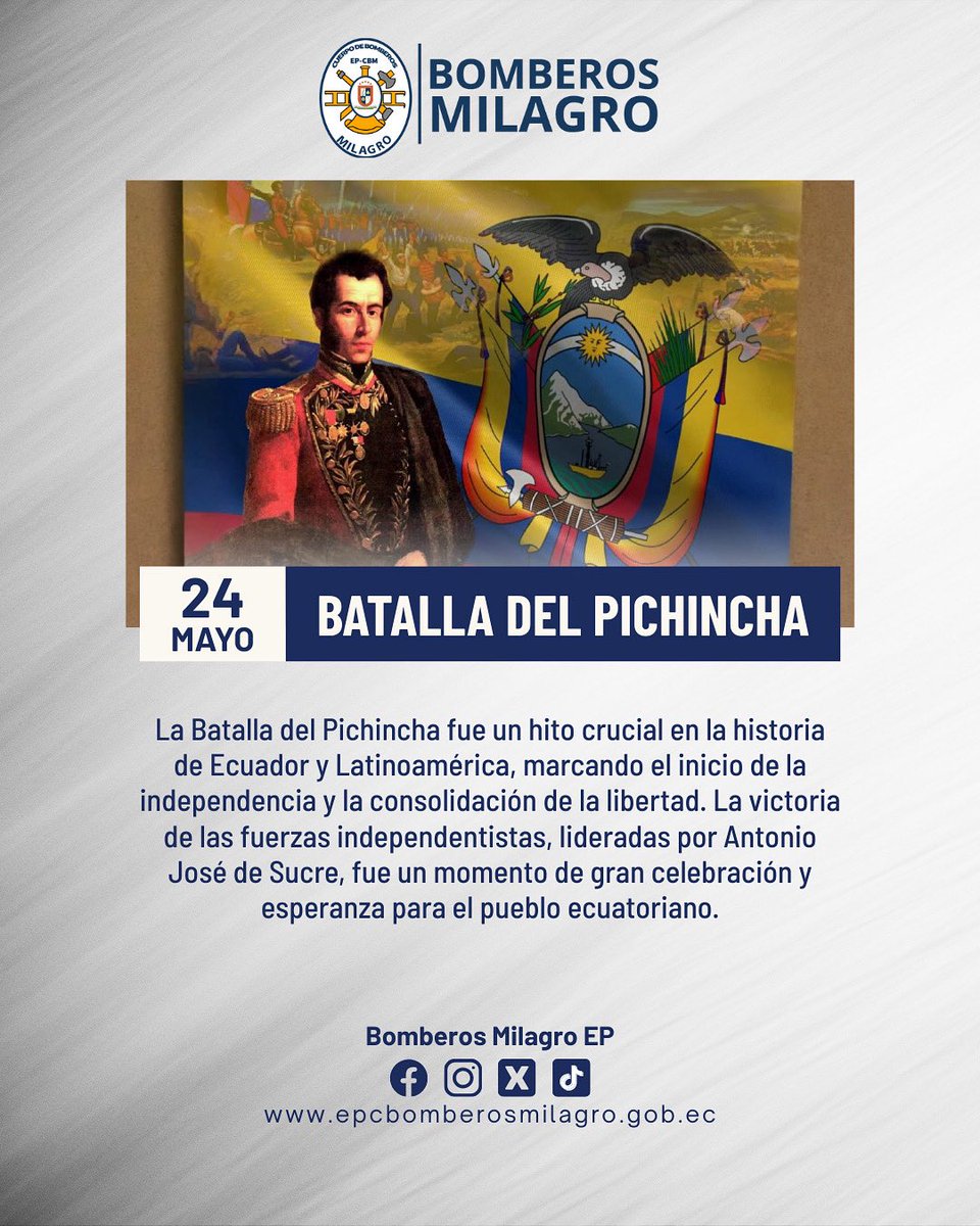 Hoy rendimos homenaje a los héroes que ofrendaron su vida por la libertad del Ecuador. La Batalla de Pichincha, símbolo de coraje y sacrificio, nos inspira a seguir sirviendo con valentía, compromiso y amor por nuestra patria.

#BatallaDePichincha