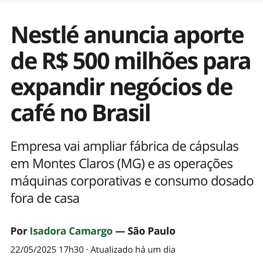 Vai um ☕️ aí?

Eu sou um confesso apaixonado pelo cafezinho e por isso vou dizer qual na minha opinião é o melhor: aquele que traz emprego, renda e moderniza nossa indústria! Nesta semana, a Nestlé anunciou R$ 500 milhões em investimentos para ampliar sua fábrica de cápsulas de