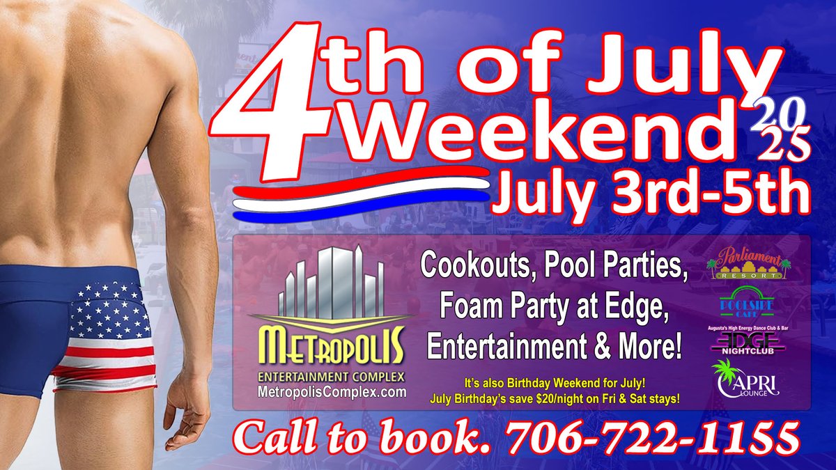 Don't wait till the last minute to book because the rooms will be gone before you know it. Call to reserve your room today. 706-722-1155
MetropolisComplex.com/July4thWeekend