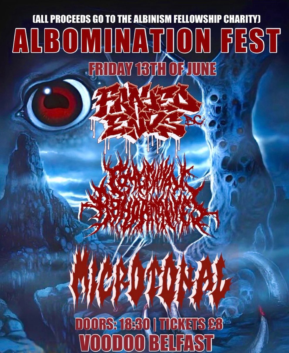 💥GIG ANNOUNCEMENT💥

We’re hitting the stage on Friday 13th June at @voodoo_belfast, alongside local heavy hitters Frayed Ends BC and Microtonal

ALBOMINATION FEST, mis a killer charity gig with all proceeds going to Albinism Fellowship UK.