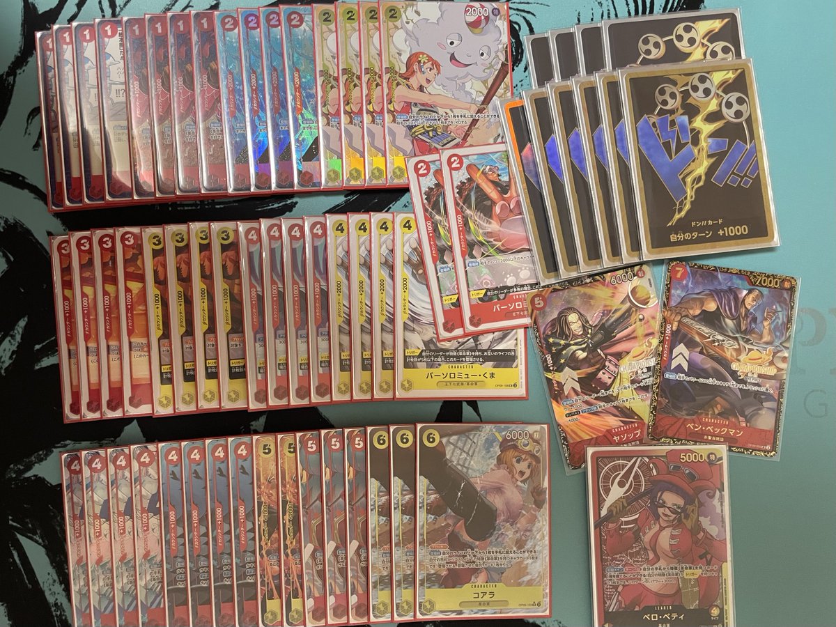 エリア予選 愛知
使用▶︎赤黄ベロベティ

⭕️赤サンジ 先
⭕️黒ルッチ 後
⭕️青紫ルフィ 後
⭕️緑ボニー 先
⭕️青紫ルフィ 後
❌緑紫ルフィ 後
⭕️赤緑スモーカー 先
⭕️ミラー 先
⭕️ミラー 先
決勝トナメ
⭕️紫ルフィ 先
❌青黄ナミ 先
ベスト8！！！

調整してくれた方ありがとうございました！🙇‍♂️