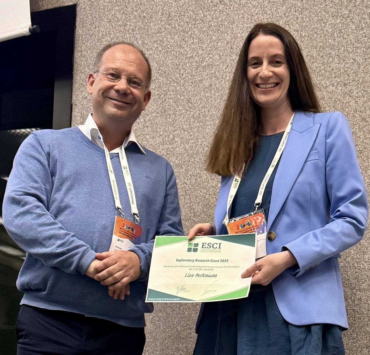 ESCI (@esci_society) on Twitter photo A big congratulations to Lisa McNamee, recipient of the 2025 Exploratory Research Grant!  
ESCI’s Sec. Treasurer, Marcel Twickler had the honour of presenting her with this prestigious award in recognition of her outstanding research potential. #asm2025 #esci #exploratorygrants A big congratulations to Lisa McNamee, recipient of the 2025 Exploratory Research Grant!  
ESCI’s Sec. Treasurer, Marcel Twickler had the honour of presenting her with this prestigious award in recognition of her outstanding research potential. #asm2025 #esci #exploratorygrants