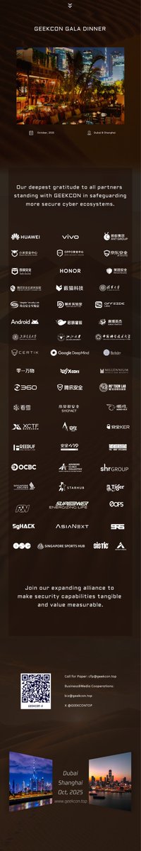 GEEKCONTOP's tweet image. 🔓 GEEKCON 2025 CFP: CALL FOR PWNERS
🌐 Dubai | Shanghai | Oct. 2025
Submit by Aug 15 👉geekcon.top

- Crack Web3 vaults live 💸
- Hijack drones &amp;amp; robots 🤖
- Rewrite cybersecurity rules 📡
- Code security into reality 💻

Unlock cybersecurity insights and defense…