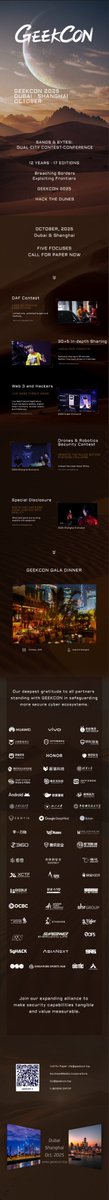 GEEKCONTOP's tweet image. 🔓 GEEKCON 2025 CFP: CALL FOR PWNERS
🌐 Dubai | Shanghai | Oct. 2025
Submit by Aug 15 👉geekcon.top

- Crack Web3 vaults live 💸
- Hijack drones &amp;amp; robots 🤖
- Rewrite cybersecurity rules 📡
- Code security into reality 💻

Unlock cybersecurity insights and defense…