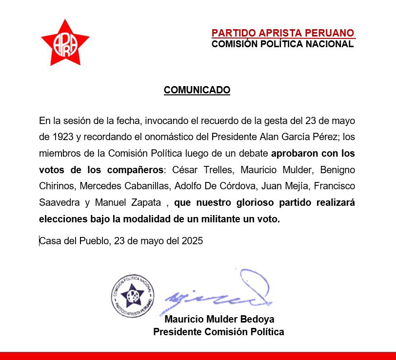 ⭐️¡SE LOGRÓ! Elecciones Internas del Apra serán mediante la fórmula de “UN APRISTA UN VOTO”.