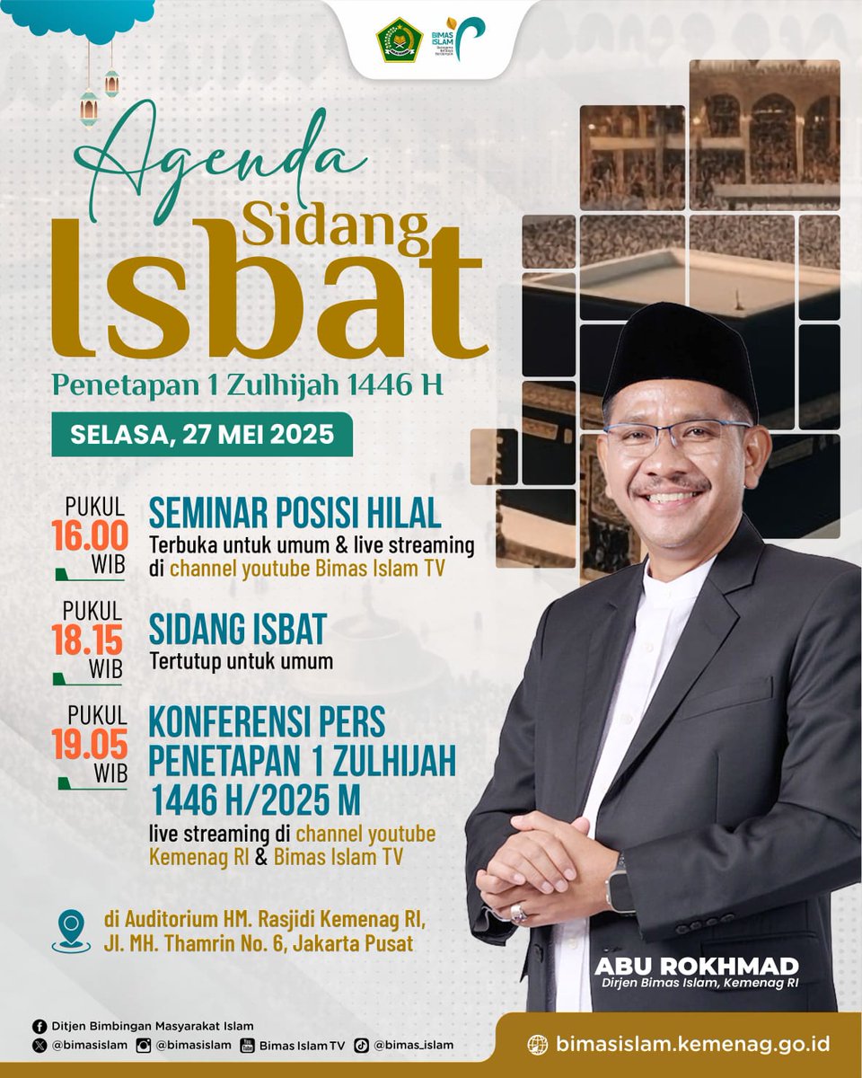 BimasIslam's tweet photo. AGENDA SIDANG ISBAT: PENETAPAN 1 ZULHIJAH 1446 H
Kementerian Agama RI melalui Direktorat Jenderal Bimas Islam akan menggelar Sidang Isbat untuk menetapkan awal bulan Zulhijah 1446 H.
#kemenag #bimasislam #sahabatreligi #isbat #sidang https://t.co/NcVNi9kf5L