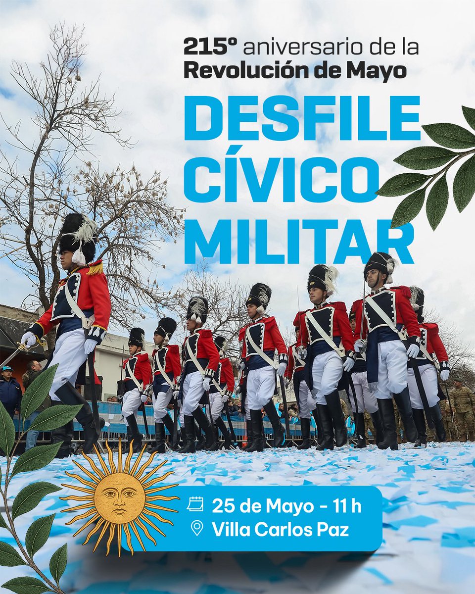 🇦🇷 Celebremos juntos el 215º aniversario de la Revolución de Mayo.

Este domingo #25DeMayo, en la ciudad de Villa Carlos Paz, el gobernador @martinllaryora encabezará los actos centrales y el desfile Cívico Militar, a partir de las 10.30 horas. ☀️

El desfile se desarrollará