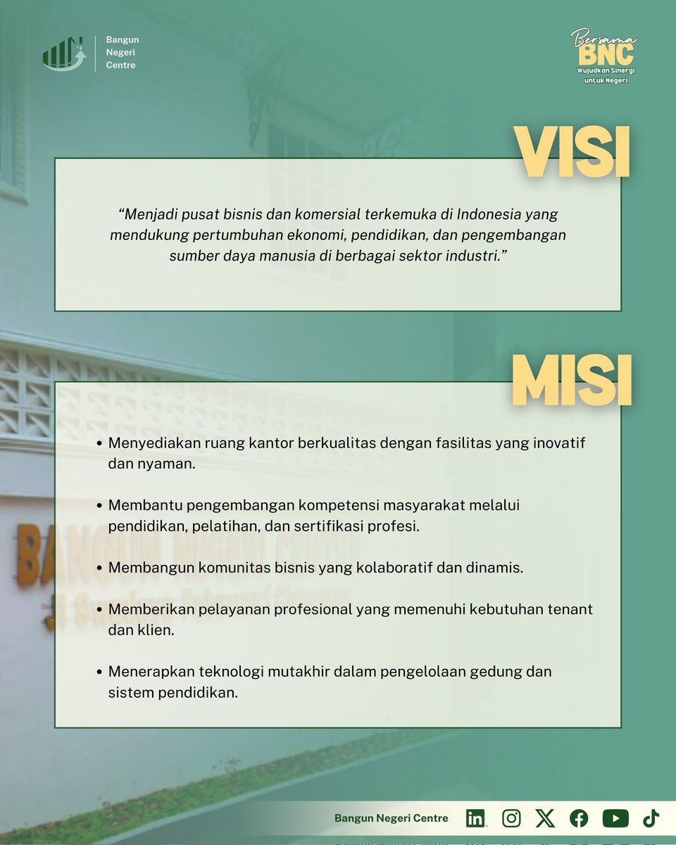 BangunNegeri_C's tweet photo. Visi dan misi kami jadi fondasi kuat dalam mendukung kesuksesan Anda. Bersama Bangun Negeri Centre, wujudkan potensi terbaik untuk bisnis dan karier yang lebih maju.

#BangunNegeriCentre #RuangKantorModern #PengembanganSDM #SertifikasiProfesional #BNCIndonesia #BNCOfficial https://t.co/f34ifcrSzd