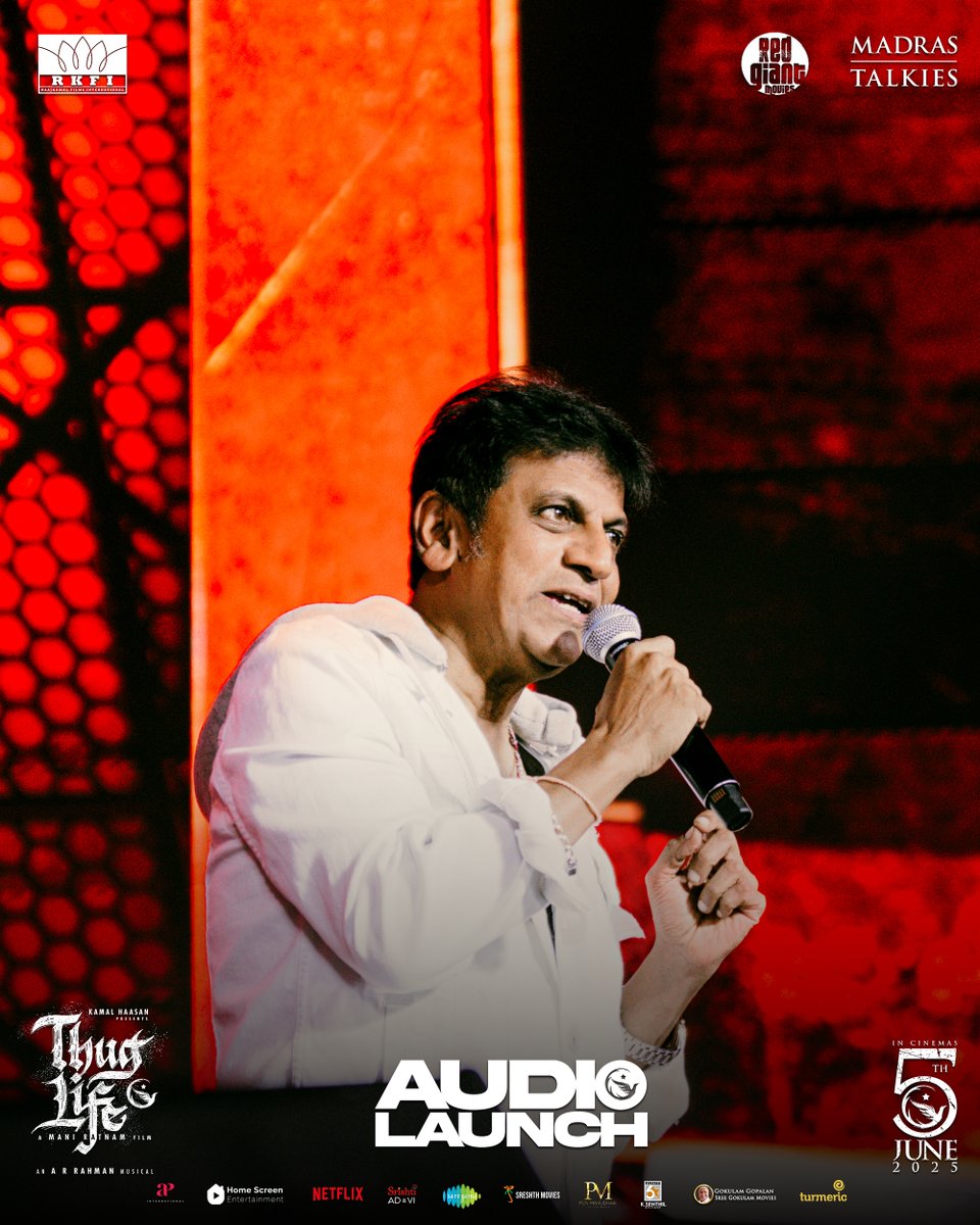Raaj Kamal Films International (@rkfi) on Twitter photo Mass Meets Majesty
A Grand Welcome to <a href="/NimmaShivanna/">DrShivaRajkumar</a> at #ThuglifeAudioLaunch
#ThuglifeFromJune5 #KamalHaasan #SilambarasanTR
A #ManiRatnam Film
An <a href="/arrahman/">A.R.Rahman</a> Musical
<a href="/ikamalhaasan/">Kamal Haasan</a> <a href="/SilambarasanTR_/">Silambarasan TR</a> #Mahendran <a href="/bagapath/">Siva Ananth</a> <a href="/trishtrashers/">Trish</a> <a href="/AishuL_/">Aishu__</a> <a href="/AshokSelvan/">Ashok Selvan</a> <a href="/abhiramiact/">Abhirami</a> Mass Meets Majesty
A Grand Welcome to <a href="/NimmaShivanna/">DrShivaRajkumar</a> at #ThuglifeAudioLaunch
#ThuglifeFromJune5 #KamalHaasan #SilambarasanTR
A #ManiRatnam Film
An <a href="/arrahman/">A.R.Rahman</a> Musical
<a href="/ikamalhaasan/">Kamal Haasan</a> <a href="/SilambarasanTR_/">Silambarasan TR</a> #Mahendran <a href="/bagapath/">Siva Ananth</a> <a href="/trishtrashers/">Trish</a> <a href="/AishuL_/">Aishu__</a> <a href="/AshokSelvan/">Ashok Selvan</a> <a href="/abhiramiact/">Abhirami</a>