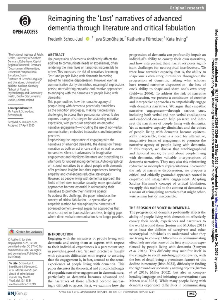 Ieva Stončikaitė (@ievastoncikaite) on Twitter photo Happy to share a new OA co-authored publication on critical fabulation as a speculative yet empathic method for reimagining 'lost' dementia narratives <a href="/Irvingkate/">Kate Irving</a>
<a href="/HumanitatsUPF/">Humanitats UPF</a>
mh.bmj.com/content/early/… Happy to share a new OA co-authored publication on critical fabulation as a speculative yet empathic method for reimagining 'lost' dementia narratives <a href="/Irvingkate/">Kate Irving</a>
<a href="/HumanitatsUPF/">Humanitats UPF</a>
mh.bmj.com/content/early/…