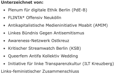 Linke Gruppen, die sich von #Shurjoka distanzieren: (Quelle: de.indymedia.org/node/512295)