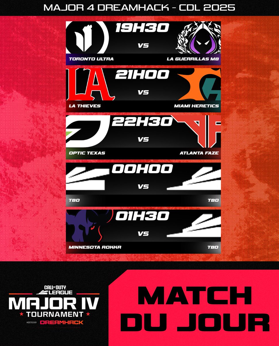 JumpShot France 🧪 (@jumpshotfrance) on Twitter photo On a eu droit à beaucoup de surprises hier, est-ce que ça va aussi être le cas aujourd’hui 🤔
Voici le programme de la soirée ⚔️
#CDL2025 | <a href="/CODLeague/">Call of Duty League</a> On a eu droit à beaucoup de surprises hier, est-ce que ça va aussi être le cas aujourd’hui 🤔
Voici le programme de la soirée ⚔️
#CDL2025 | <a href="/CODLeague/">Call of Duty League</a>