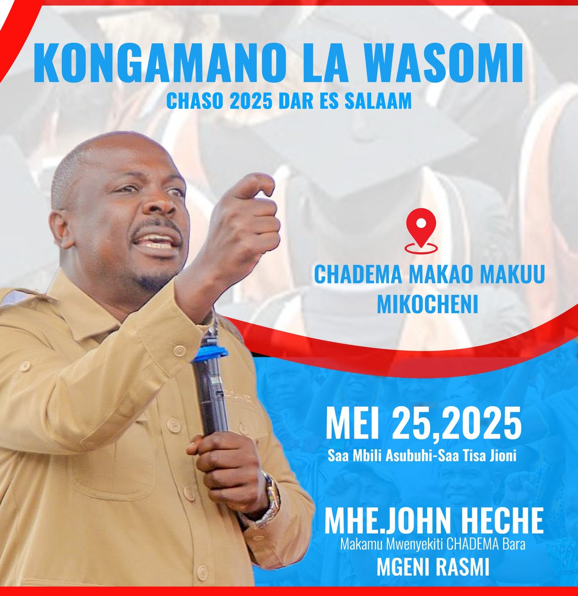 Kesho Makam Mwenyekiti Mhe. <a href="/HecheJohn/">John Heche</a> atazungumza na Wasomi wa Vyuo Vikuu na Vyuo vya Kati.

📍 Mikocheni