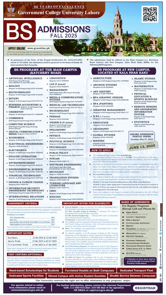 GC University Lahore (@gcuniversitylhr) on Twitter photo 🎓 BS Admissions Alert – Fall 2025
<a href="/gcuniversitylhr/">GC University Lahore</a> is offering admissions to 55 disciplines including Computer Science, Pharm-D, Translation Studies & Artificial Intelligence.
Online Admission Opens: May 27, 2025
Last Date to Apply: June 13, 2025
#Admissions2025 #BSPrograms 🎓 BS Admissions Alert – Fall 2025
<a href="/gcuniversitylhr/">GC University Lahore</a> is offering admissions to 55 disciplines including Computer Science, Pharm-D, Translation Studies & Artificial Intelligence.
Online Admission Opens: May 27, 2025
Last Date to Apply: June 13, 2025
#Admissions2025 #BSPrograms