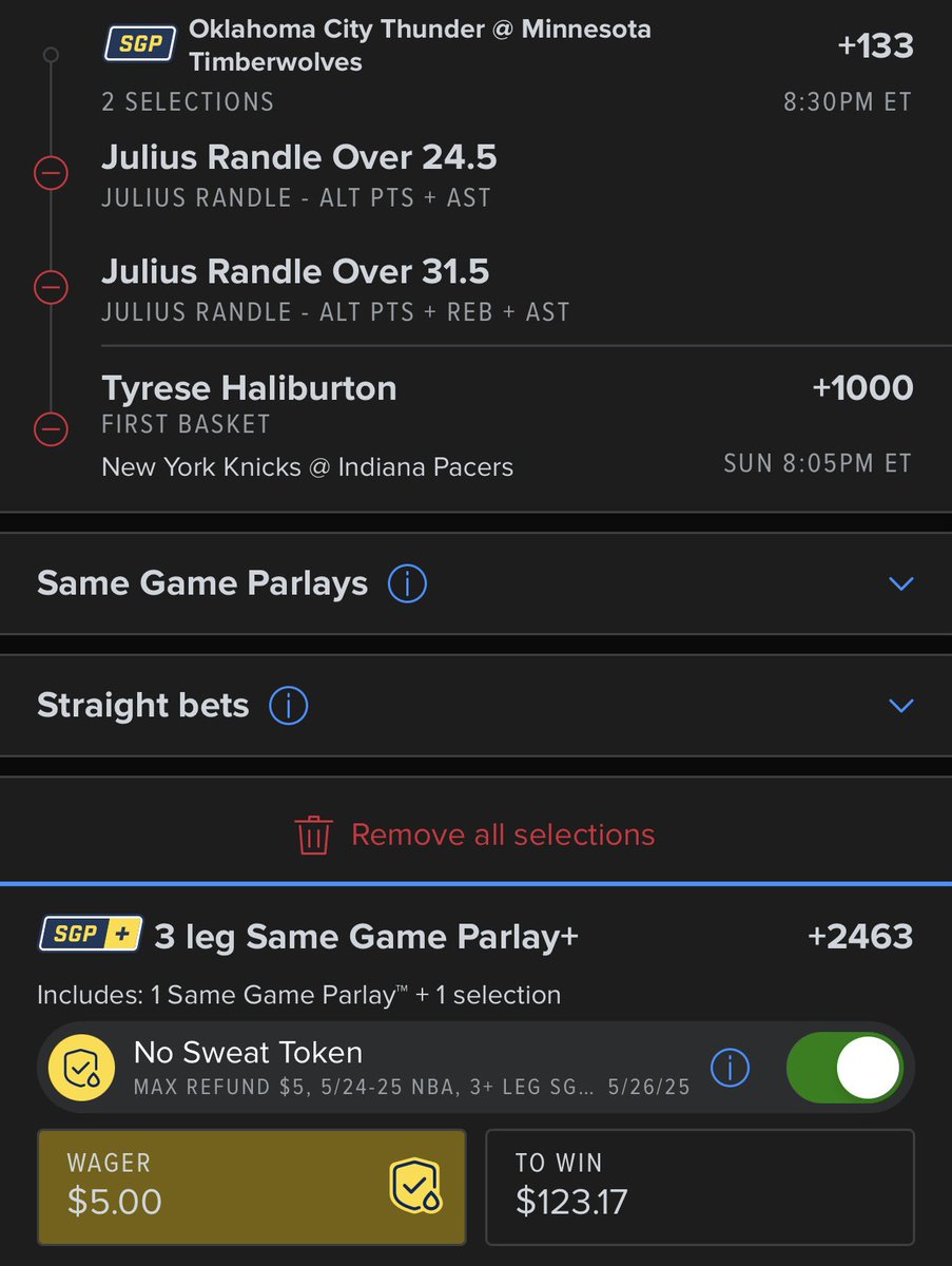 Fanduel - NBA SGP+ No Sweat +2463

EV: 64.6%
QK: 0.38u

🔗 account.sportsbook.fanduel.com/sportsbook/add…

FD is quite off the market on these lines. If one Randle line hits the other isn’t a guarantee but it’s factored into the devig. Haliburton is +800 or shorter elsewhere. Devig to ESPN (+800). It